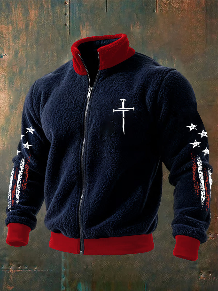 Men's Christian Cross Flag Zipper Flannel Hoodie