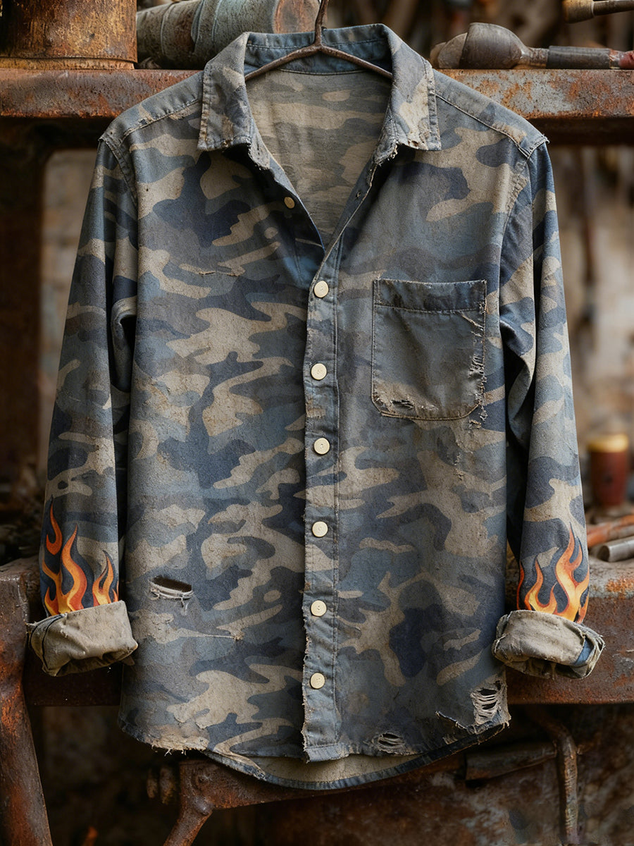 Men's Vintage Christmas Art Print Casual Comfort Long Sleeve Shirt