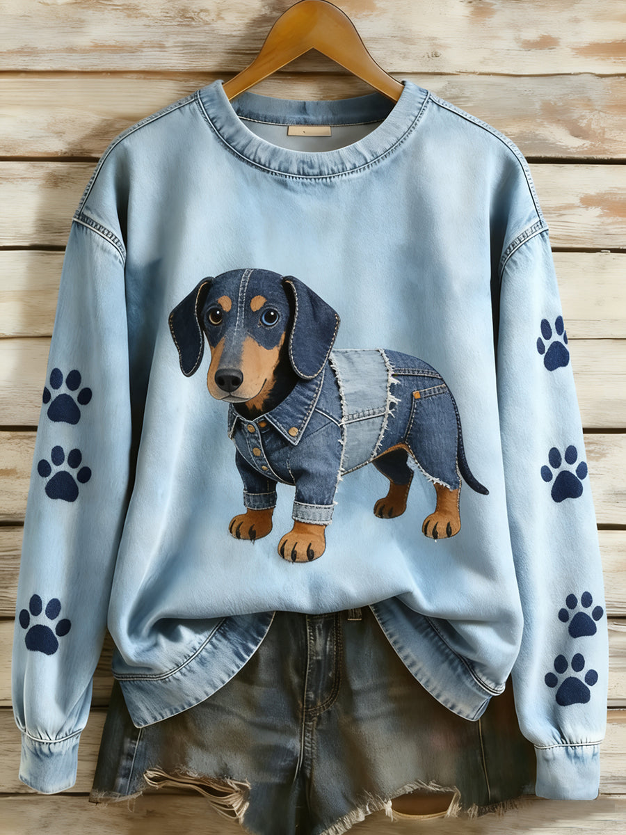 Women's Retro Denim Patchwork Animal Art Print Casual Comfort Long-Sleeve Sweatshirt