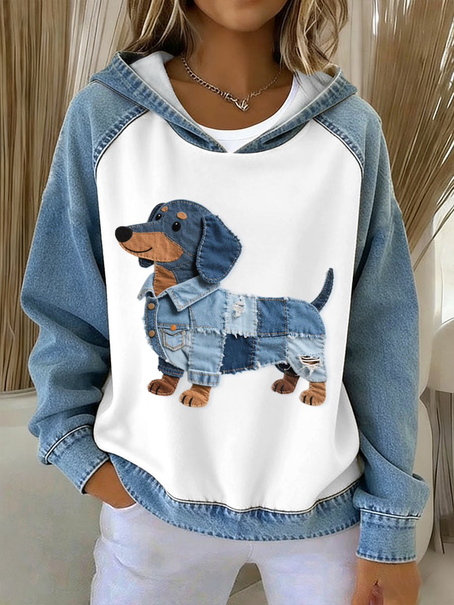 Women's Lovely Dachshund Dog Pattern Denim Patchwork Hoodie