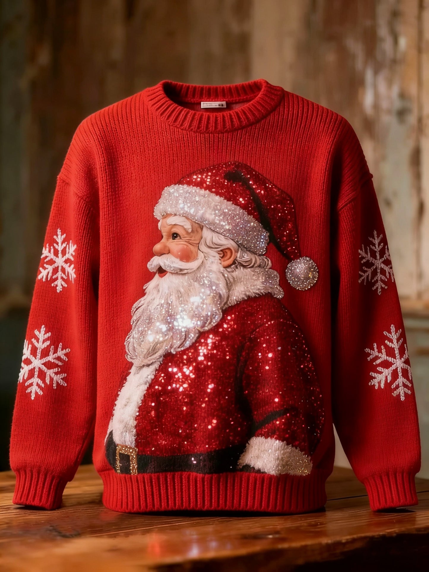 Retro Christmas Sequins Santa Claus Snowflakes Art Print Long-sleeve Sweater
