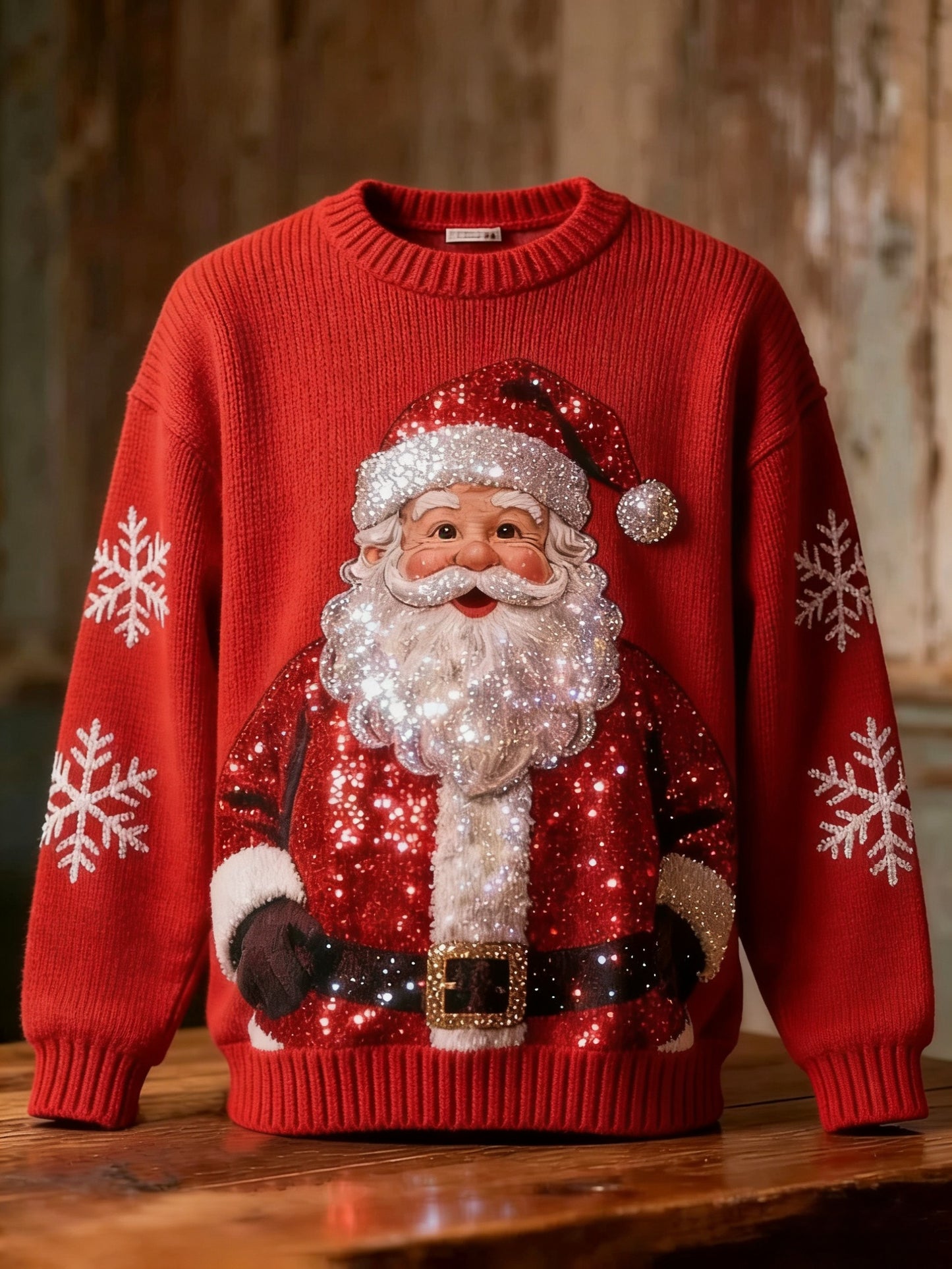 Retro Christmas Sequins Santa Claus Snowflakes Art Print Long-sleeve Sweater