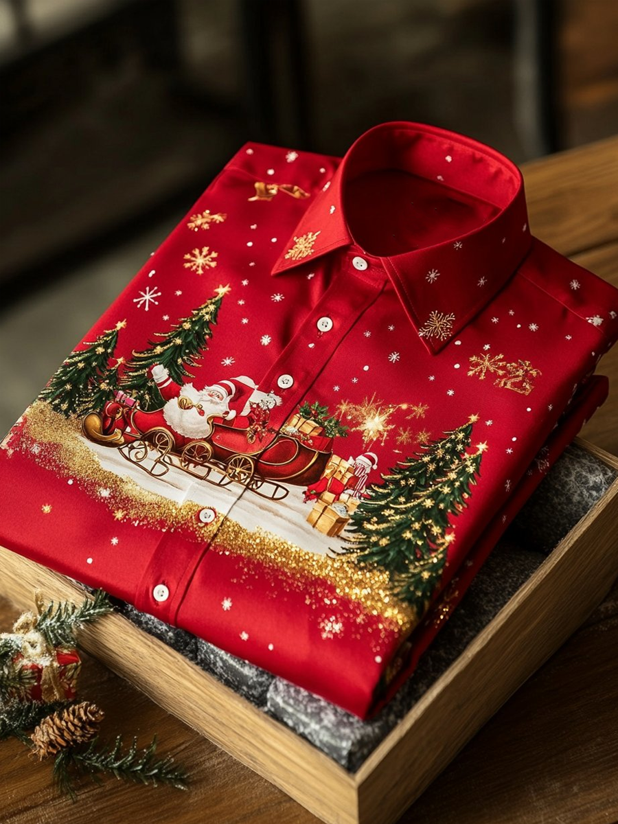 Men's Christmas Santa Claus Print Satin Shirt
