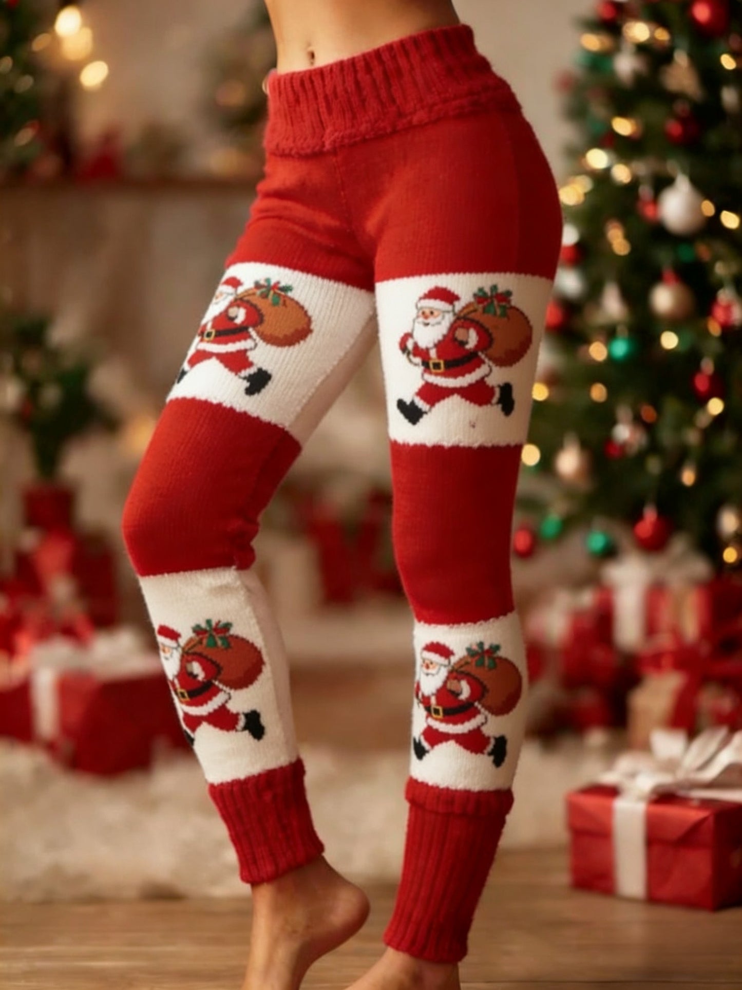 Women's Retro Christmas Santa Fun Art Patchwork Sports Stretch Leggings