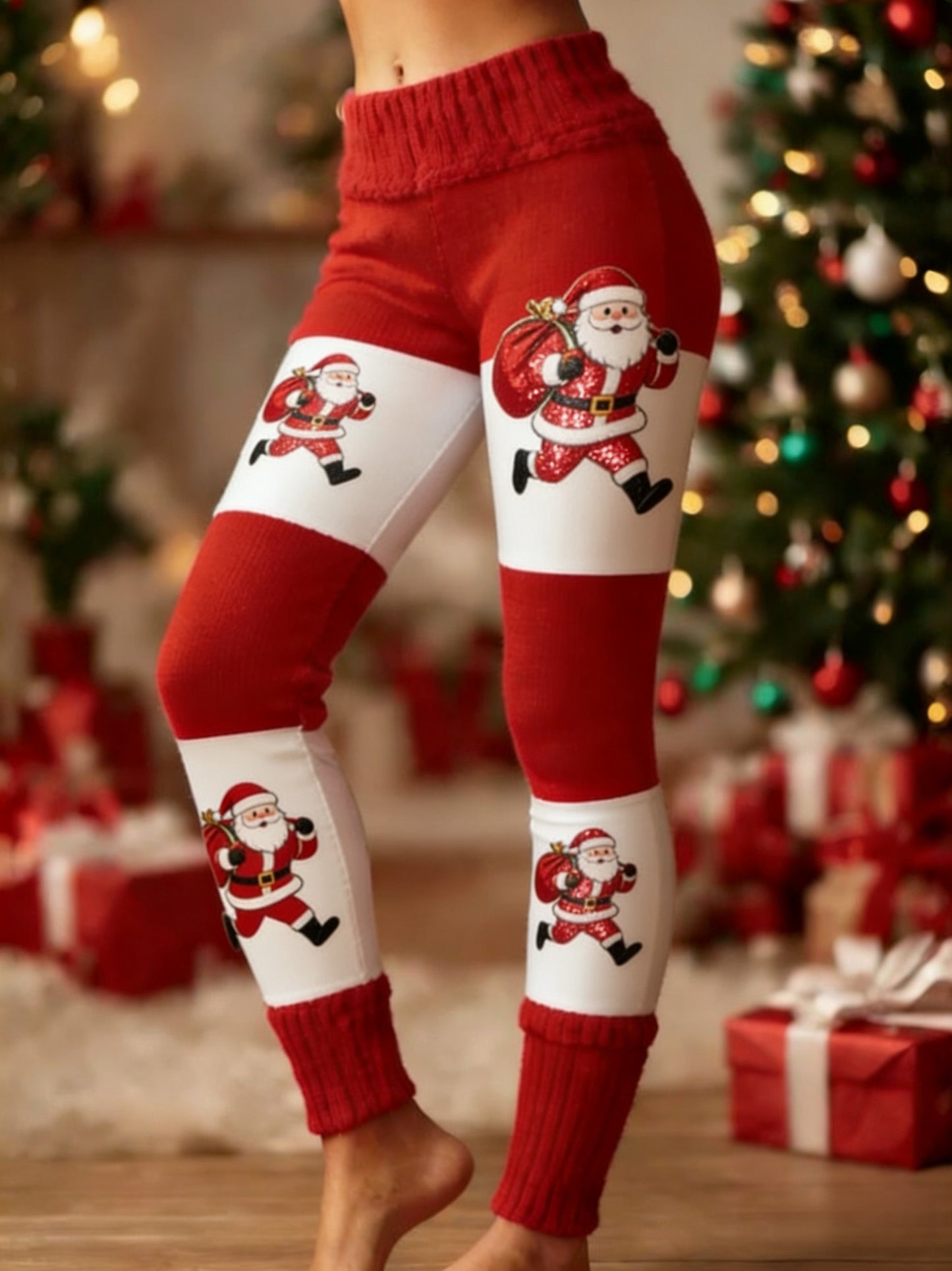 Women's Retro Christmas Santa Fun Art Patchwork Sports Stretch Leggings