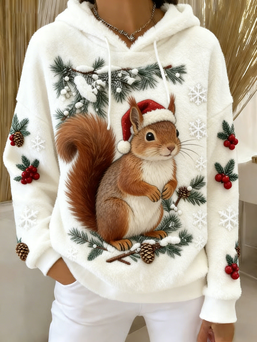 Women's Retro Animal Art Print Comfortable Flannel Hooded Sweatshirt