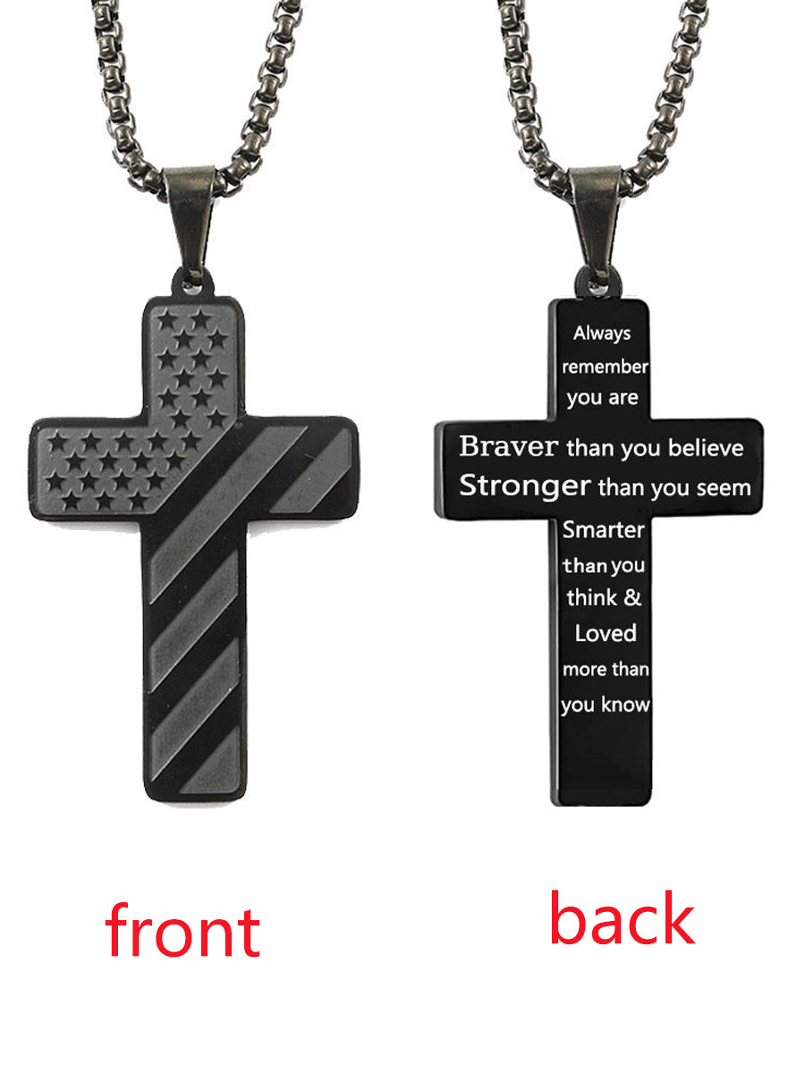 Unisex American Flag Cross Braver Stronger Stainless Steel Necklace