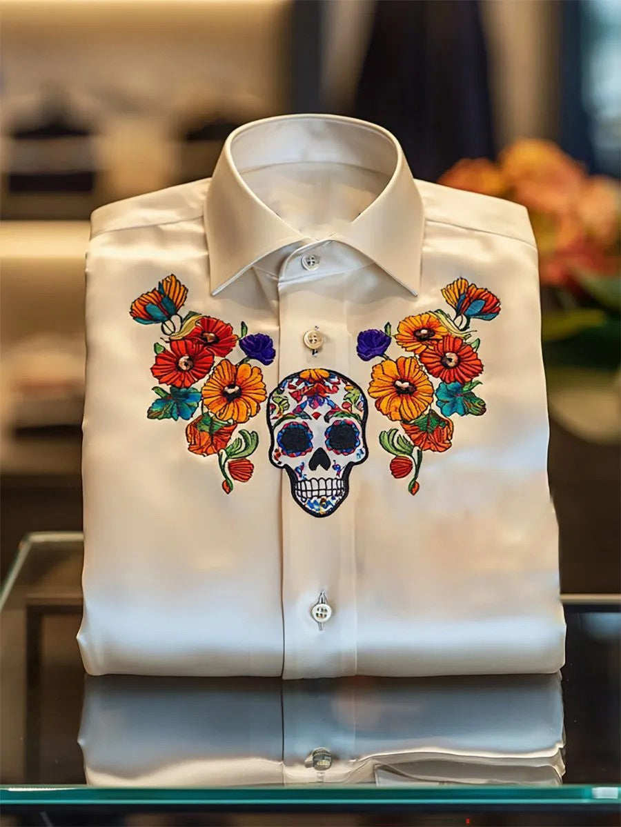 Men's Satin Skull Long Sleeve Button-Down Shirt