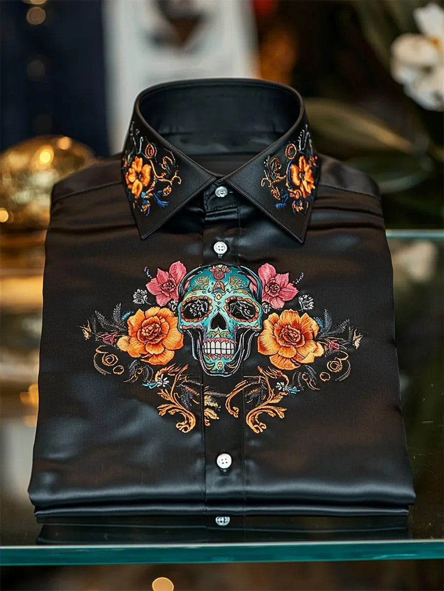 Men's Satin Skull Long Sleeve Button-Down Shirt