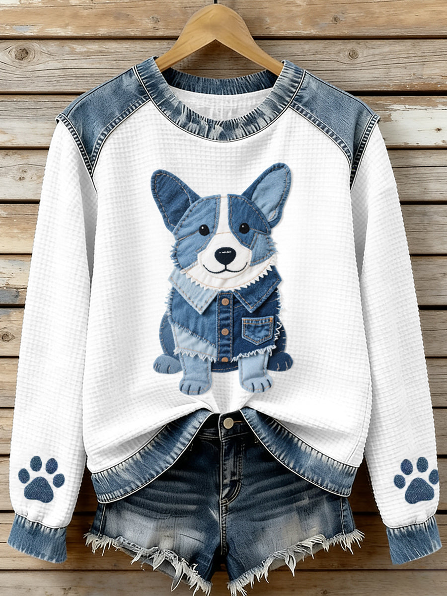 Women's Lovely Corgi Pattern Denim Patchwork Waffle Sweatshirt