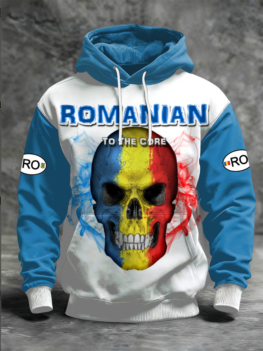 Men's Romania Skull Printed Long Sleeved Hooded Sweatshirt