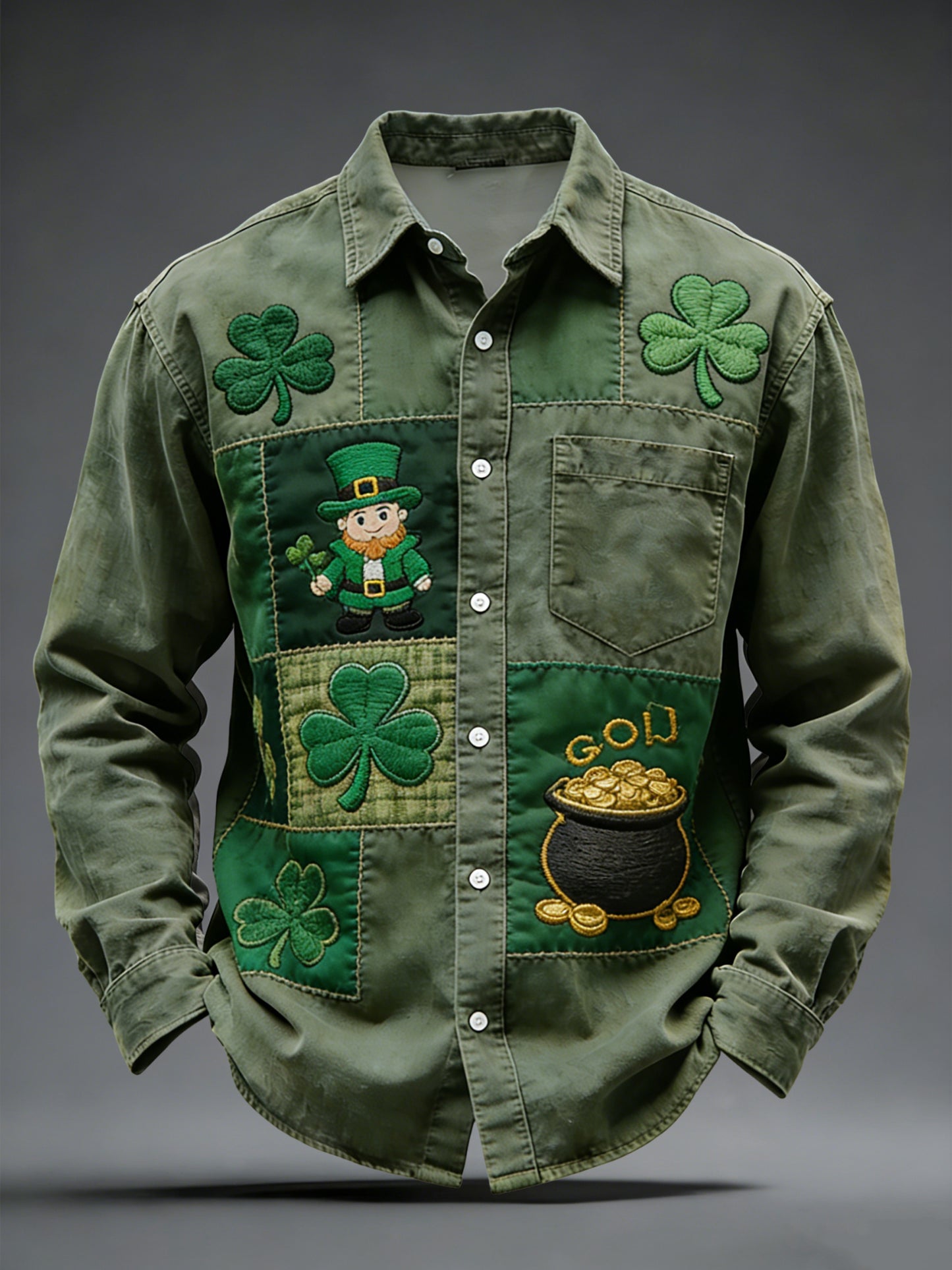 Retro St. Patrick's Day Shamrock Patchwork Casual Shirt