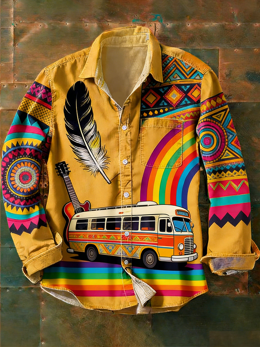 Men's vintage hippie style printed casual long-sleeved shirt