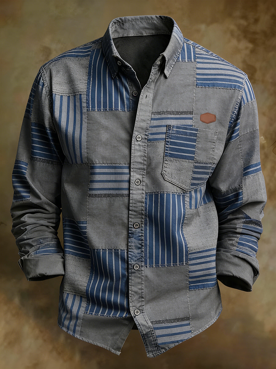 Men's Retro Art Print Comfortable Business Long-Sleeve Shirt