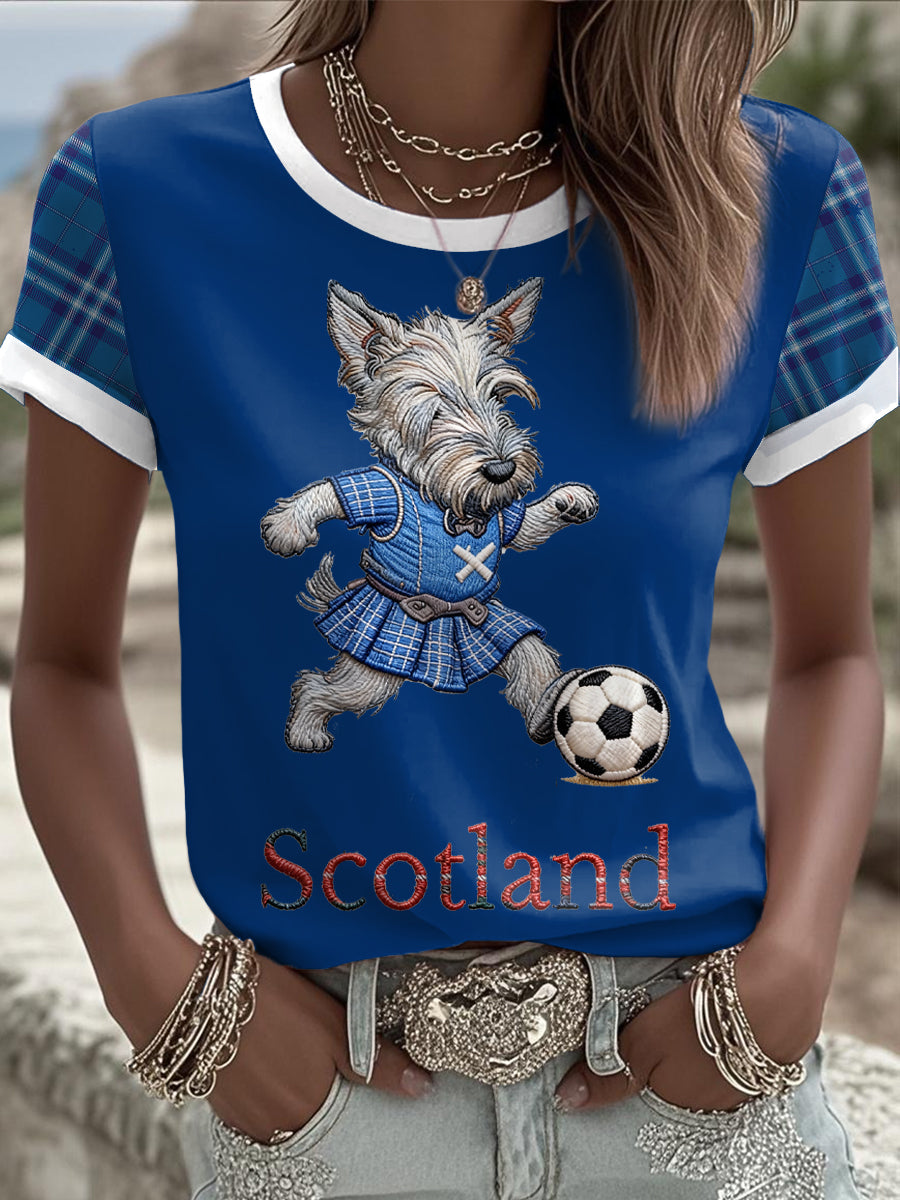 Women's Scotland Scottie Dog Football Tartan Lover Printed T-shirt