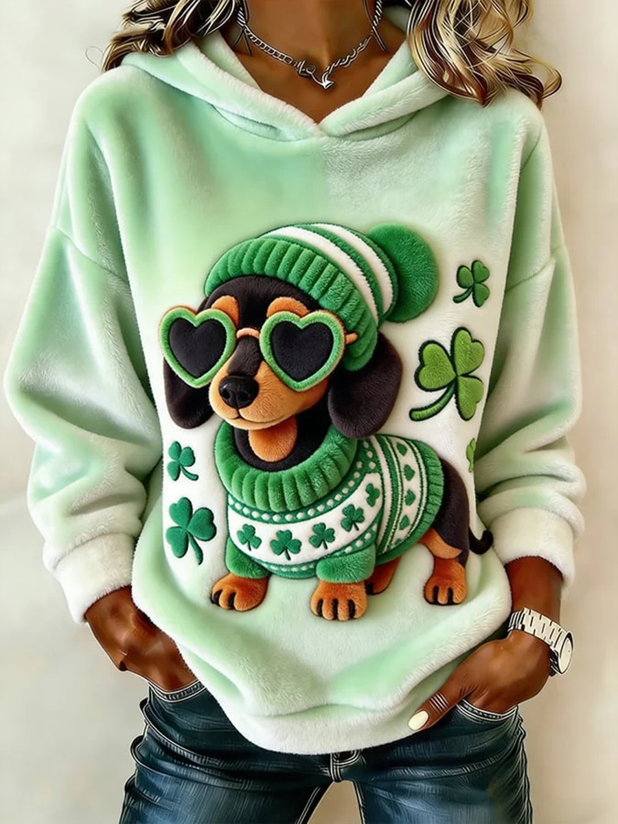 Women's St. Patrick's Day Shamrock Dachshund Print Flannel Hoodie