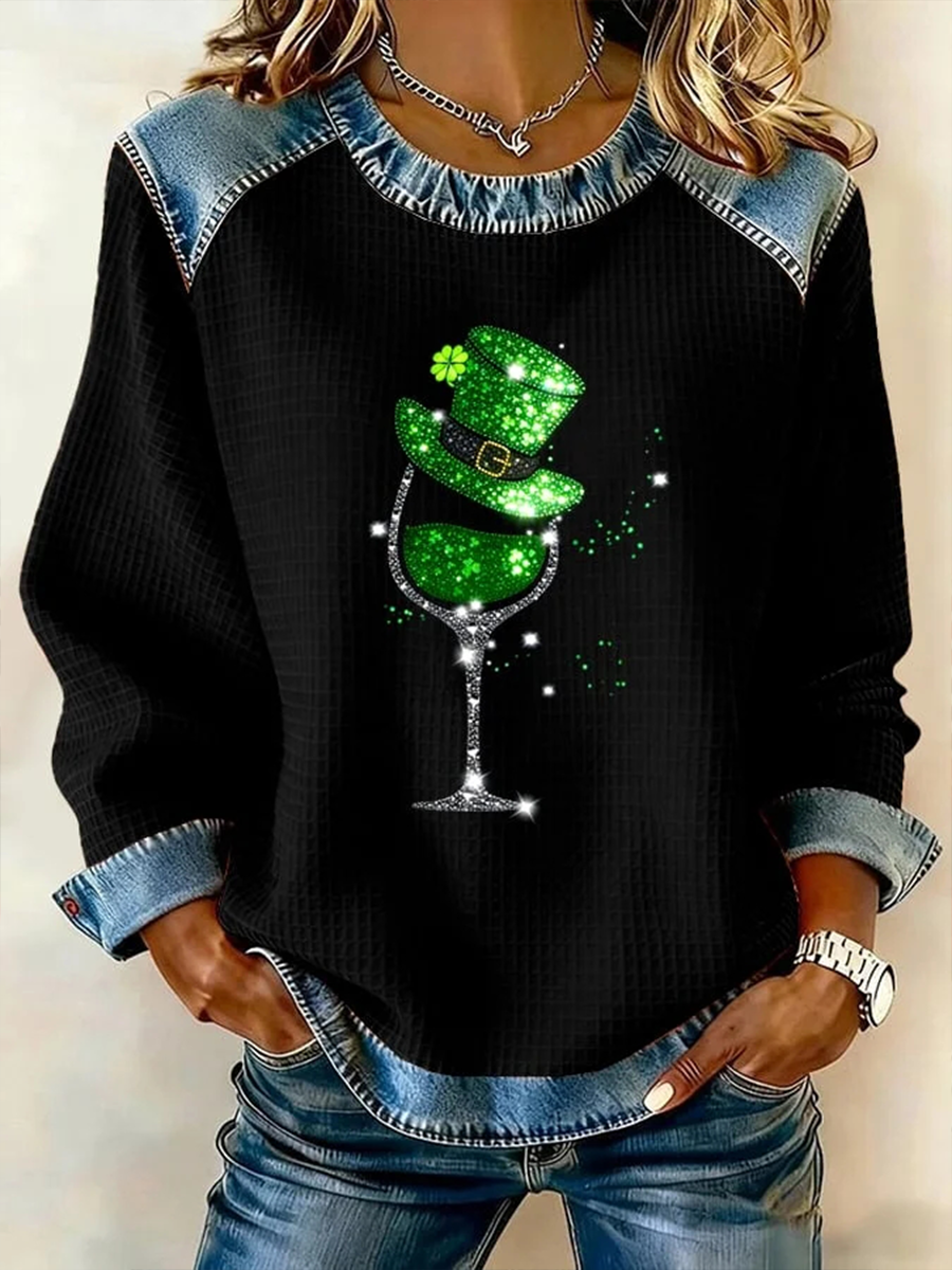 Women's St. Patrick's Day Shamrock Red Wine Glass Print Denim Patchwork Top