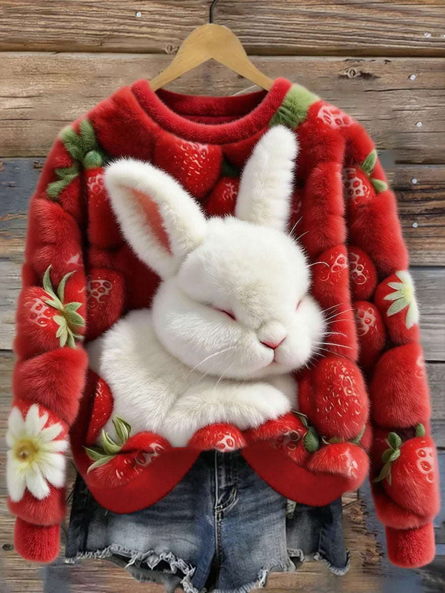 Women's Cute Bunny And Strawberry Art Cozy Round Neck Cozy Flannel Sweatshirt