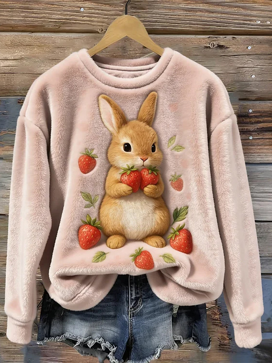 Women's Cute Bunny And Strawberry Art Cozy Round Neck Cozy Flannel Sweatshirt