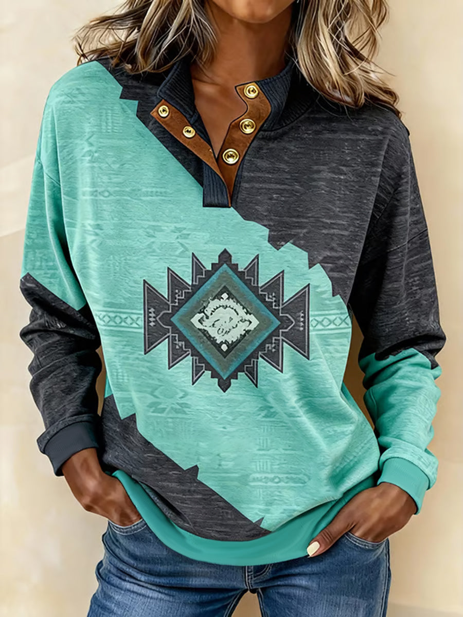 Women's Vintage Western Aztec Art Button-up stand-collar Sweatshirt