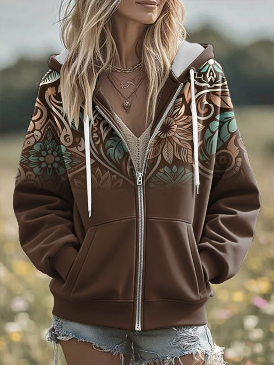 Women's Vintage Western Art Zip-Up Hoodie