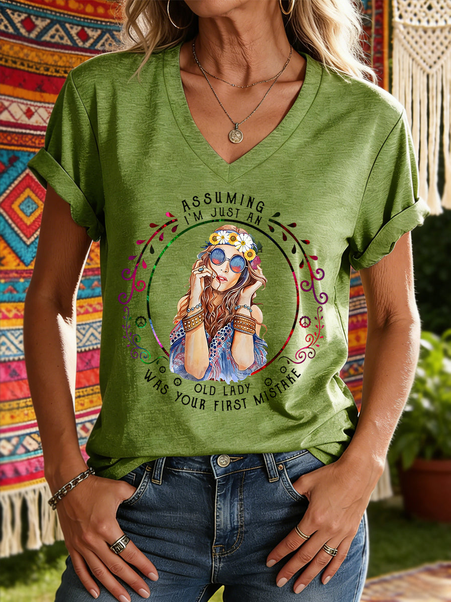 Women's Funny Old Hippie Casual V-Neck Tee