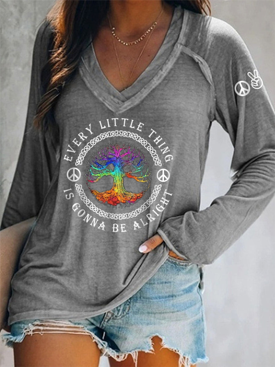 Women's Every Little Thing Is Gonna Be Alright Hippie V-Neck Long Sleeve T-Shirt