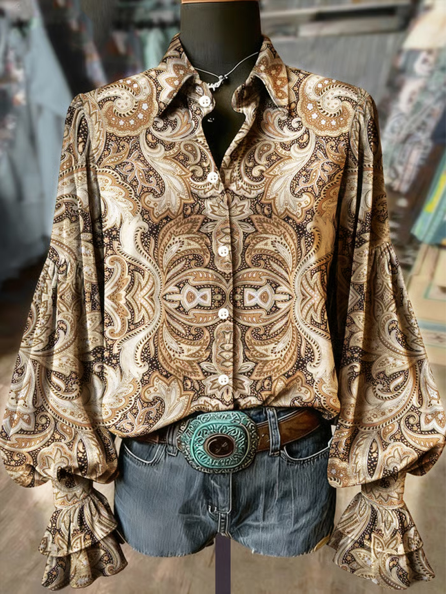 Women's Western Vintage Paisley Print Long Sleeve velvet shirts