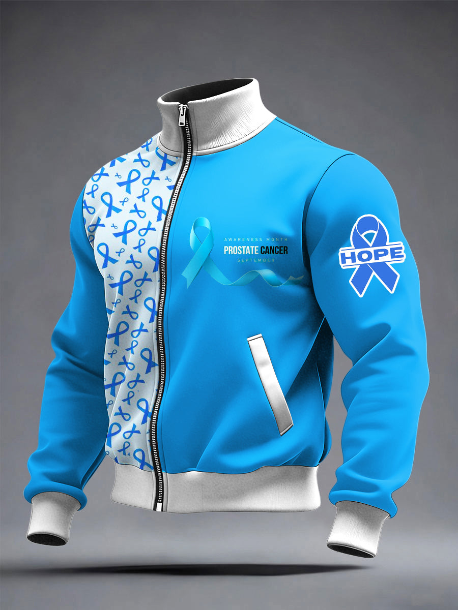 Men's Prostate Cancer Printed long Sleeved Zipper Stand Up Collar Jacket