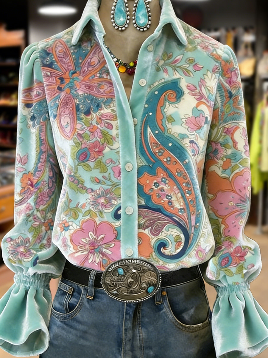 Women's Retro Plants Flowers Art Print Long Sleeve Top