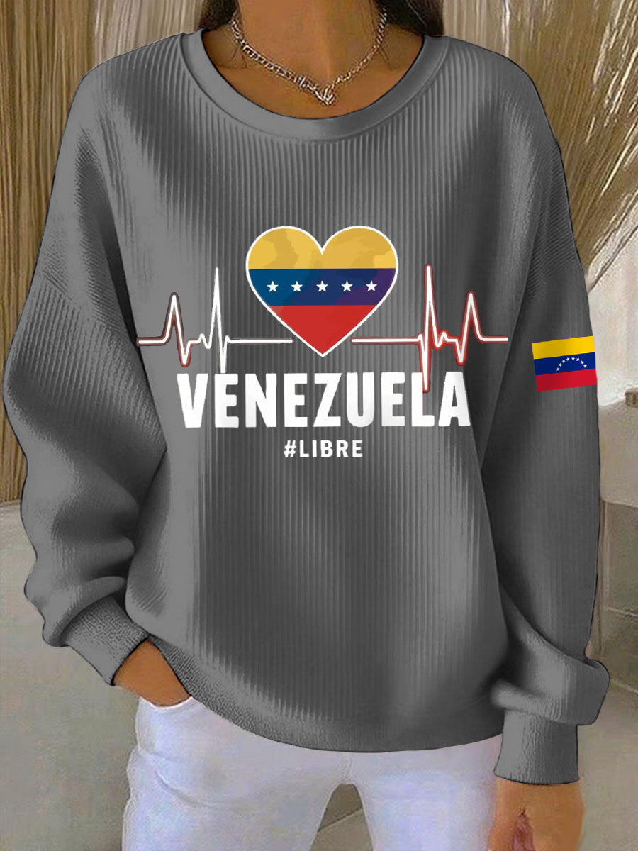 Women's Venezuela Libre Print Ribbed Round-Neck Sweatshirt