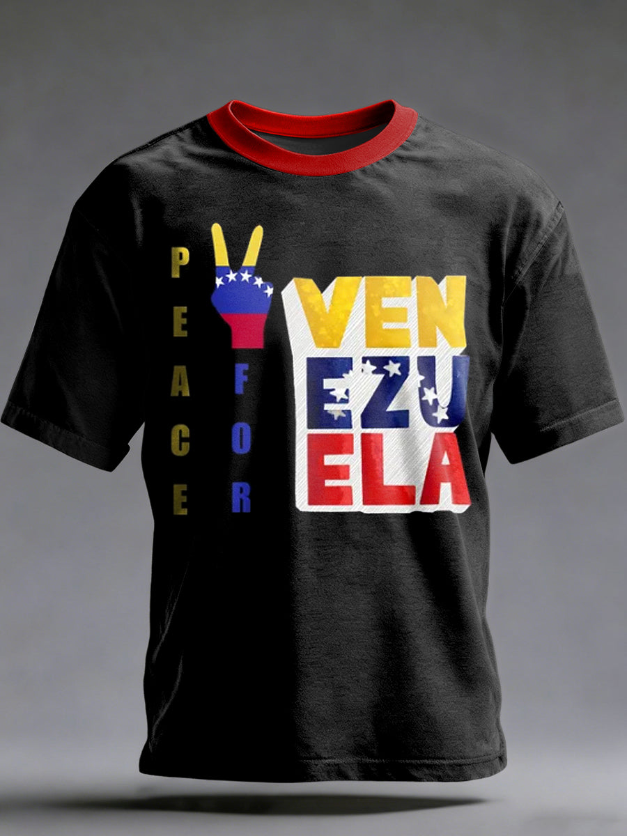 Men's Peace Venezuela Printed Vintage Fashion Loose Short Sleeve T-Shirt