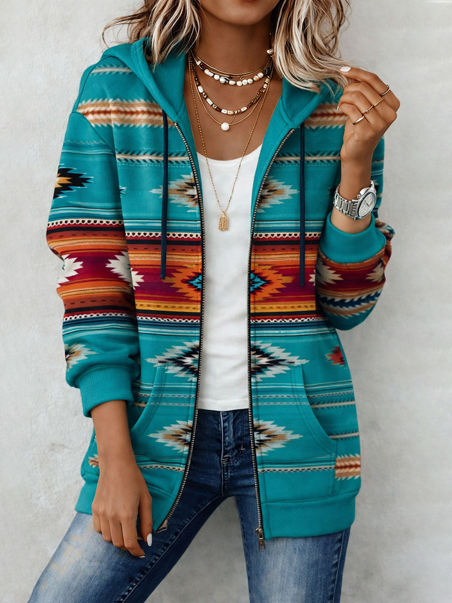 Women's Vintage Aztec Print Casual Zip-Up Hoodie