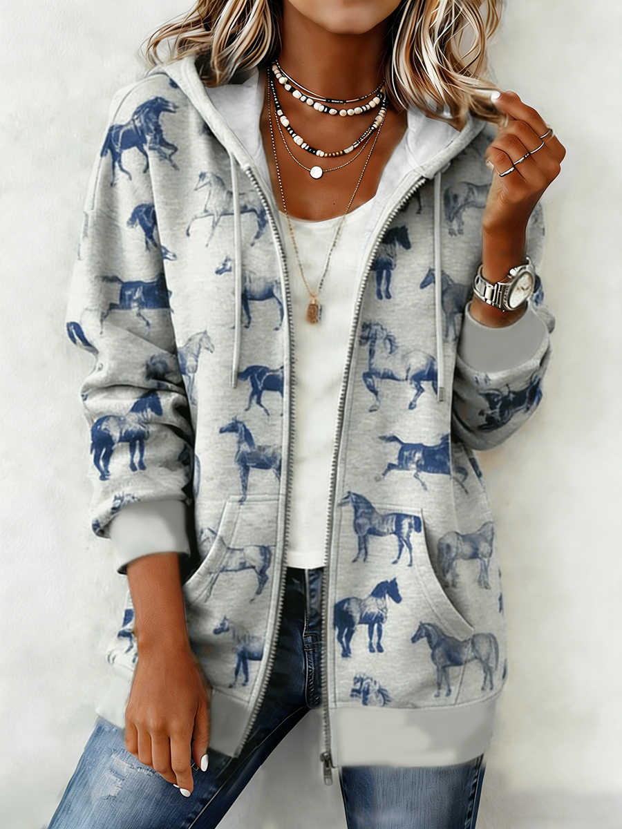 Women's Western Pattern Print Zip-Up Hoodie