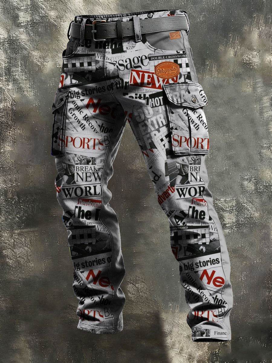 Men's Business-Style Newspaper Print Retro Art Casual Workwear Trousers