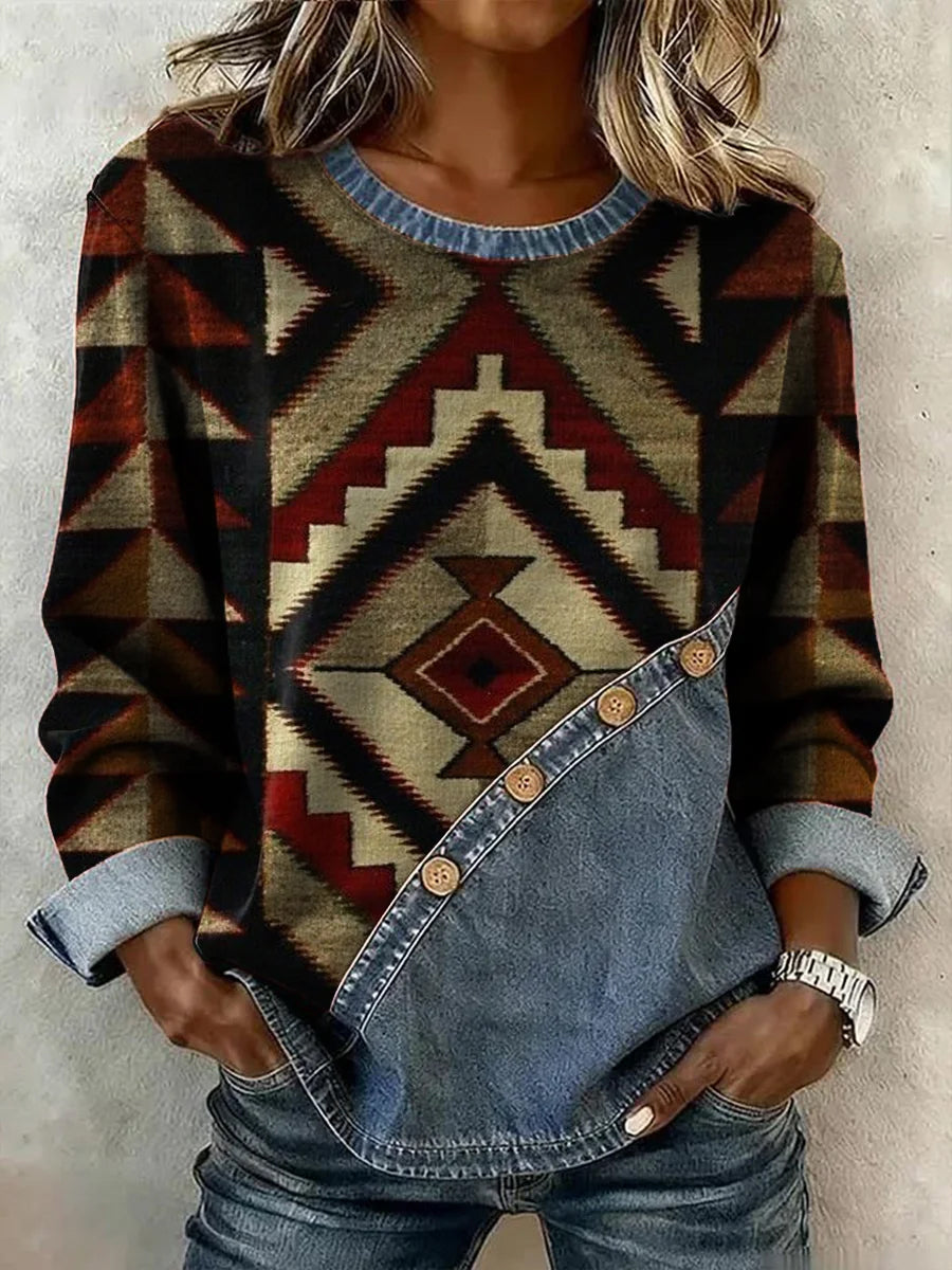 Women's Vintage Western Aztec Pattern Casual Button Sweatshirt