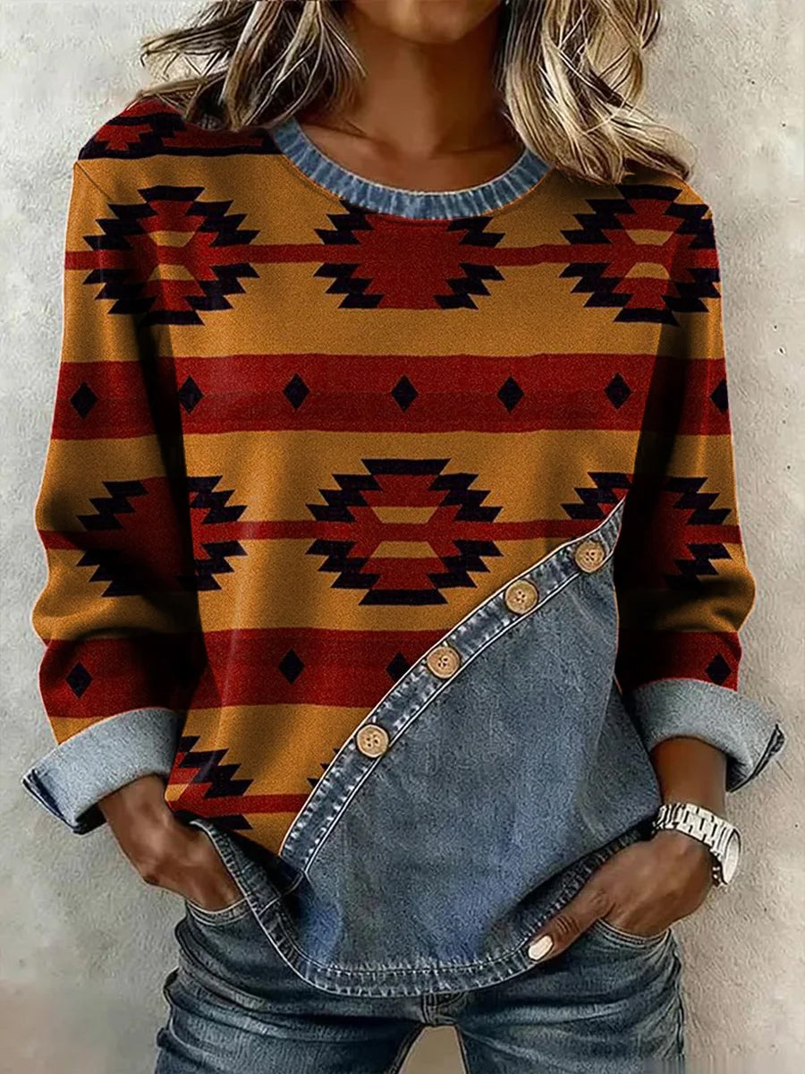 Women's Vintage Western Aztec Pattern Casual Button Sweatshirt