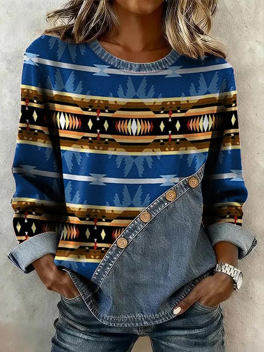 Women's Vintage Western Aztec Pattern Casual Button Sweatshirt