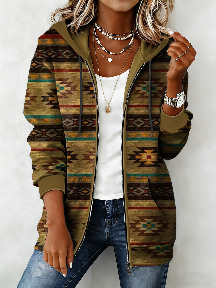 Women's Western Pattern Print Zip-Up Hoodie