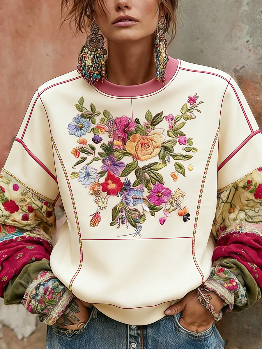 Women's Vintage-Style Breast Cancer Awareness Sweatshirt With Floral Print And Comfortable Fit.