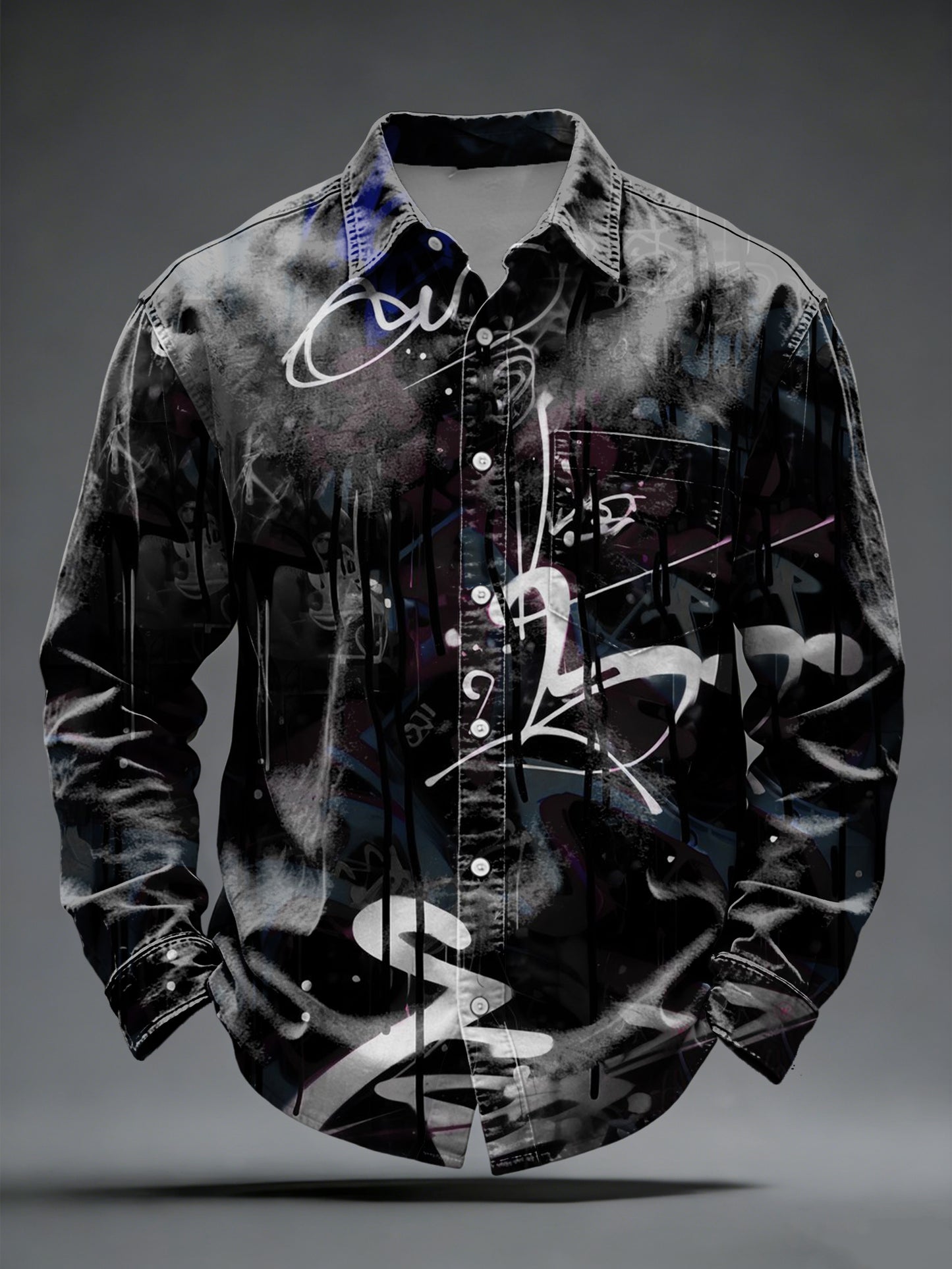 Men's Sleek Graffiti-Style Black & White Button-Down Shirt