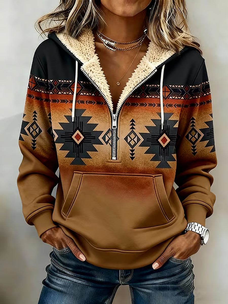 Women's Vintage Western Aztec Zip-Up Hoodie Sweatshirt