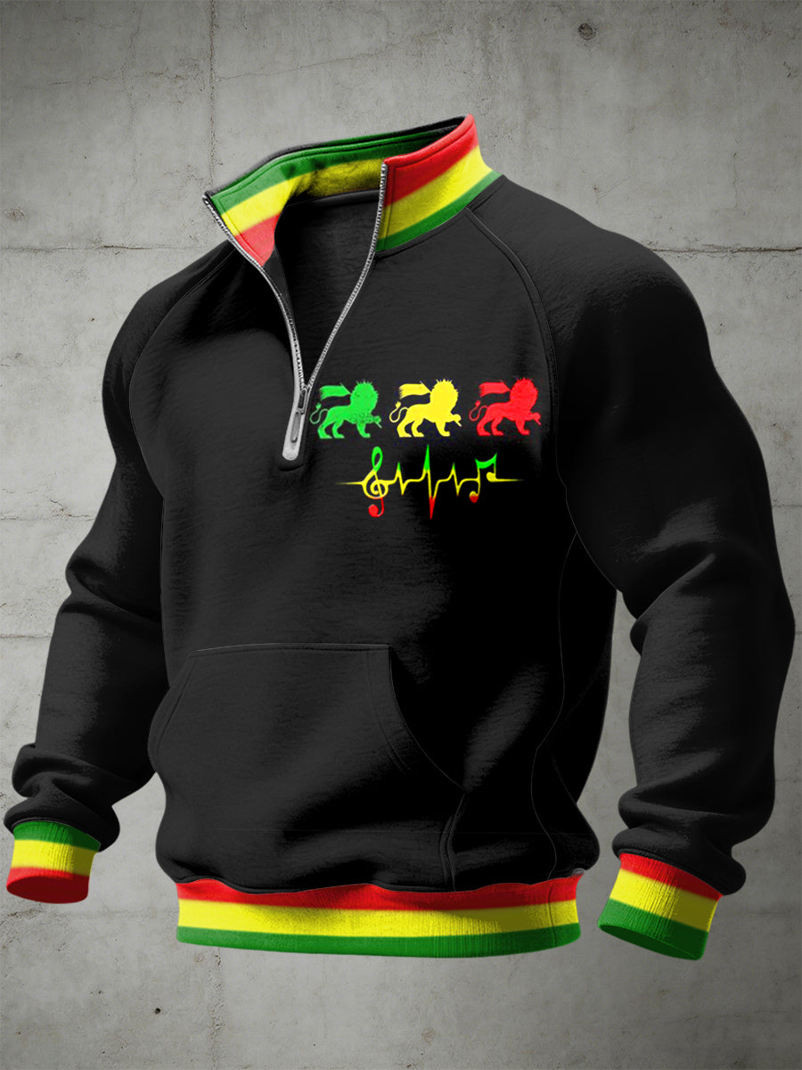 Men's Reggae Printed Half Zip Stand Up Collar With Raglan Sleeves Sweatshirt