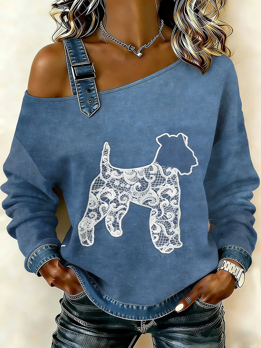 Women's Vintage Lace Texture Dog Print Casual Off-Shoulder Sweatshirt
