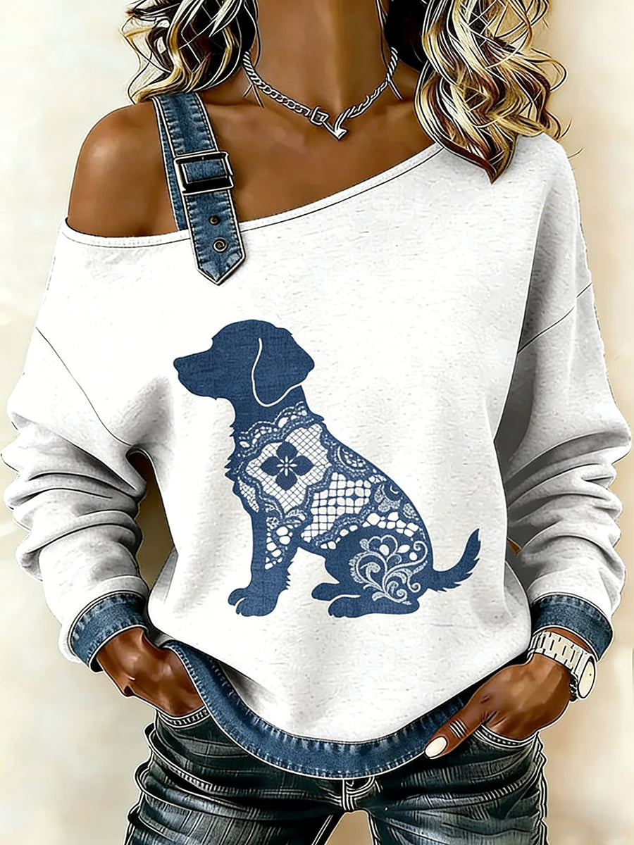 Women's Vintage Lace Texture Dog Print Casual Off-Shoulder Sweatshirt