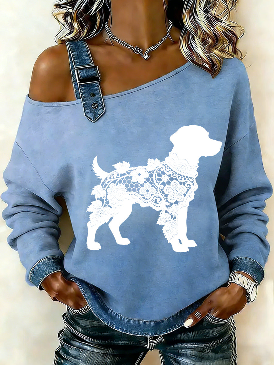 Women's Vintage Lace Texture Dog Print Casual Off-Shoulder Sweatshirt