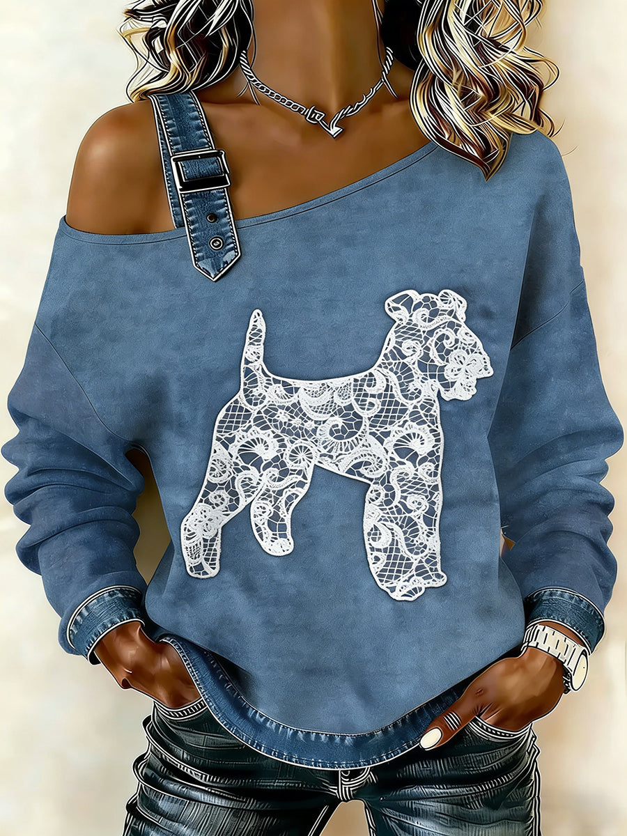 Women's Vintage Lace Texture Dog Print Casual Off-Shoulder Sweatshirt