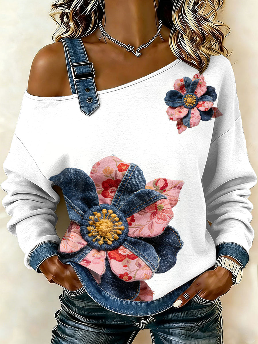 Women's Vintage Floral Patchwork Print Casual Off-Shoulder Sweatshirt