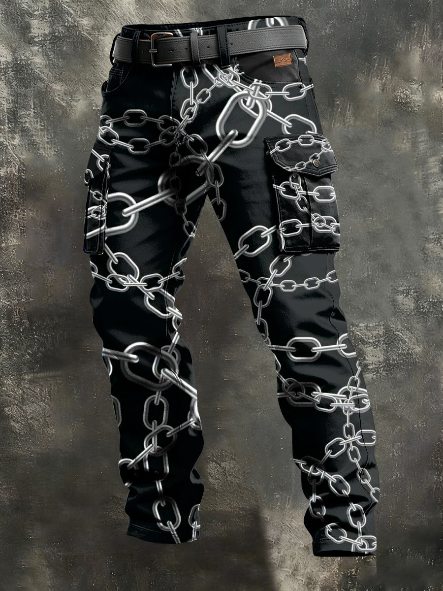 Men's Retro Vacation Business Chain Art Print Casual Workwear Trousers