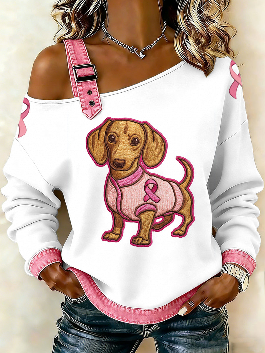 Women's Breast Cancer Dachshund Printed One Shoulder Suspender Casual Sweater